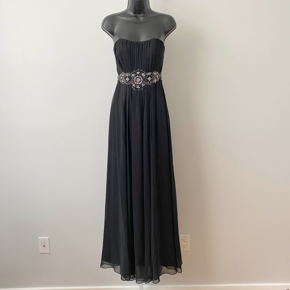 May Queen 4‎ Black Strapless Chiffon Maxi Dress Beaded Empire Waist Formal Gown